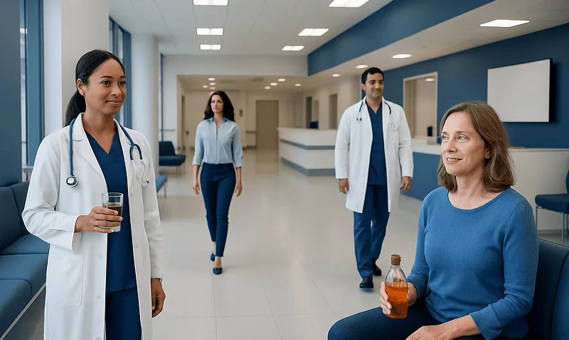 How to Take Apple Cider Vinegar? Causes, Explanations, and Next Steps 8 Healthcare professionals and patient in hospital corridor at Acibadem Hospitals Group.