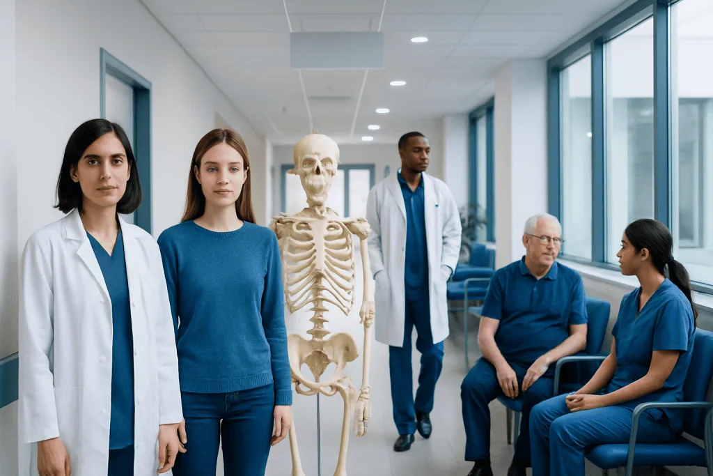 How Many Bones Are in the Human Body? Causes, Explanations, and Next Steps 1 Medical team with skeleton in hospital corridor at Acibadem Hospitals Group.
