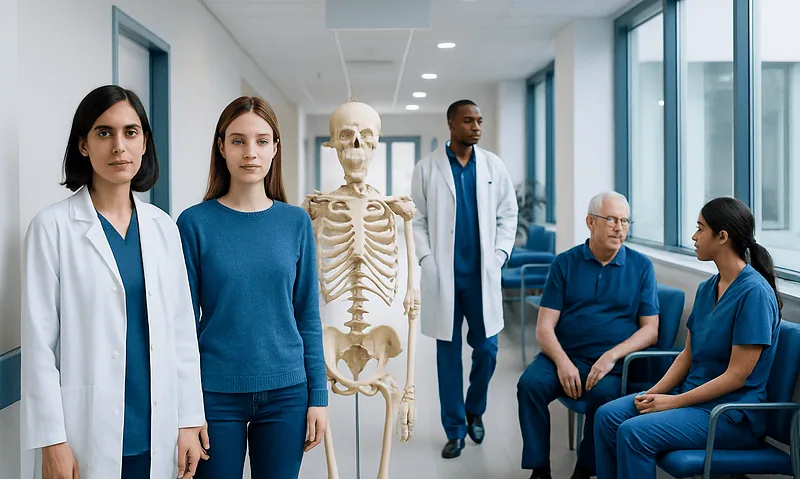 Medical team with skeleton in hospital corridor at Acibadem Hospitals Group.