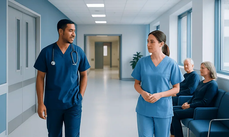 Healthcare professionals talking in hospital corridor with patients in background.