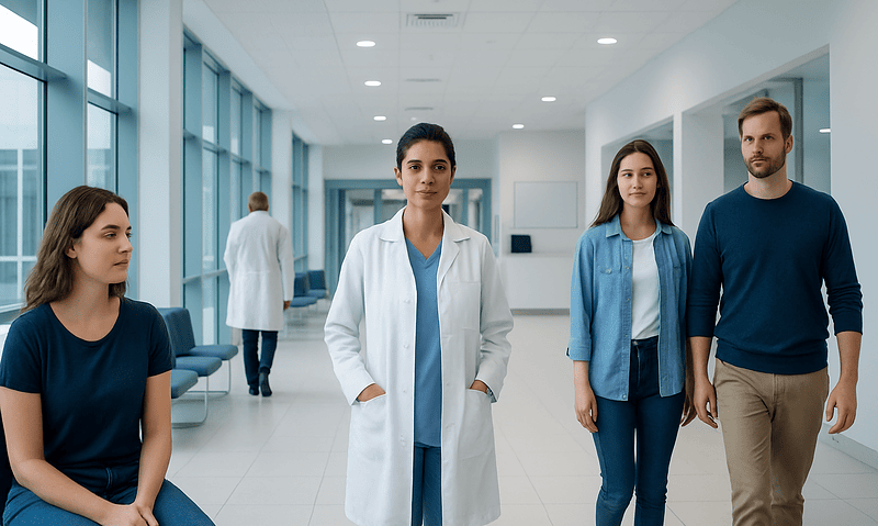 Medical team at Acibadem Hospital in a modern corridor.