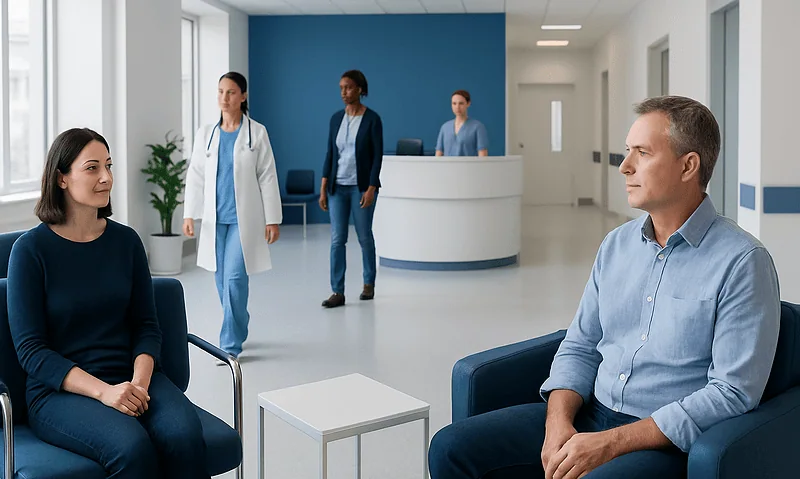 Patients waiting in a hospital corridor for blood test results.