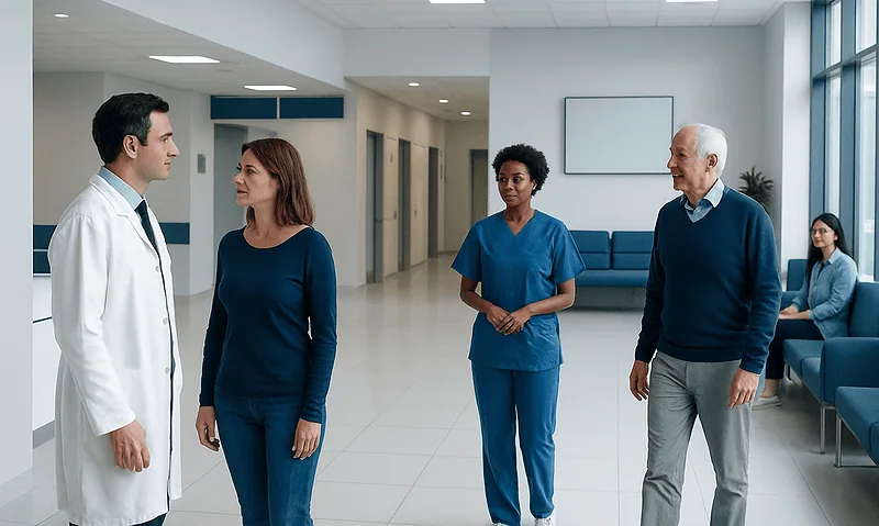 Medical team discussing patient care in hospital corridor.
