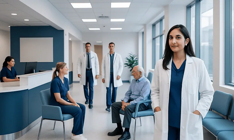 Medical team in hospital waiting area with doctor and patients.
