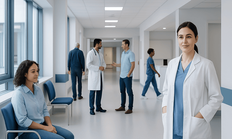 Healthcare professionals and patients in a modern hospital corridor.