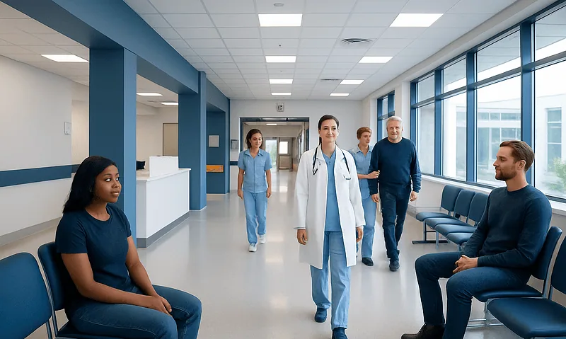 Healthcare professionals and patients in a modern hospital corridor.