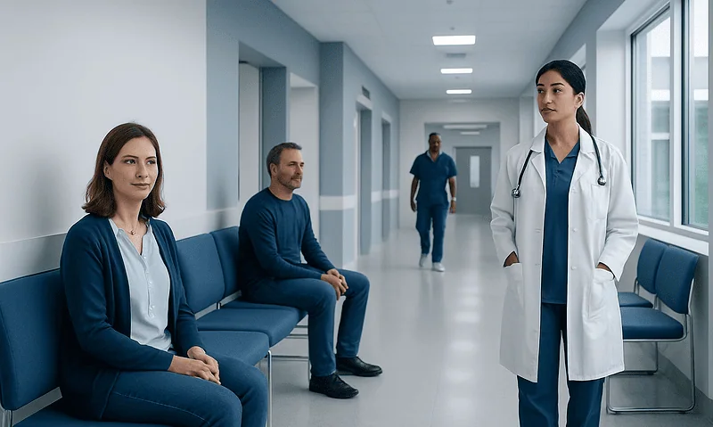 Healthcare professionals and patients in a modern hospital corridor.