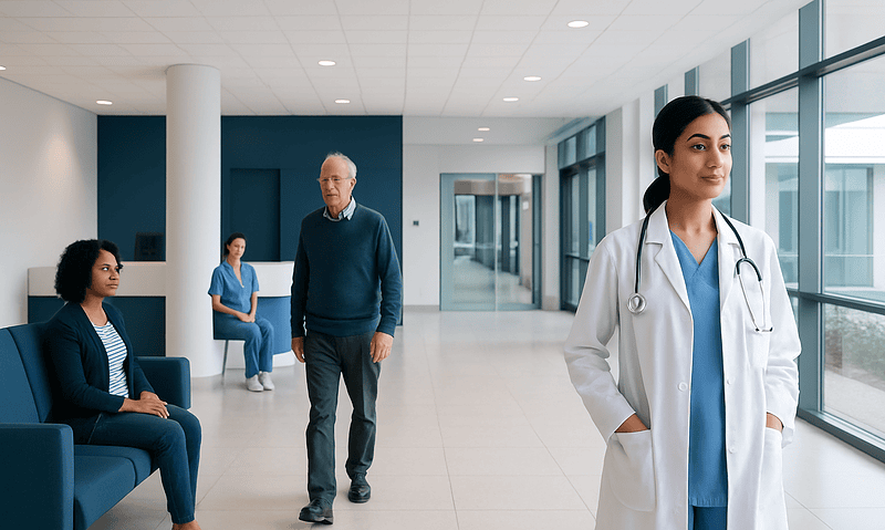 Healthcare professionals and patients in a modern hospital lobby.