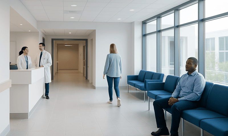 Modern hospital waiting area with patients and staff at Acibadem Hospitals Group.