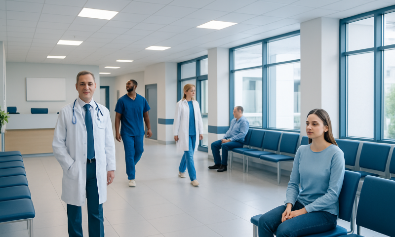 Medical professionals and patient in a hospital waiting area.