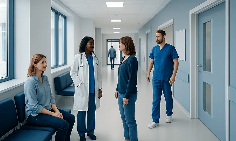 Medical team consulting with patient in hospital corridor.