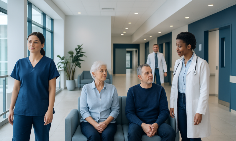 Healthcare professionals and patients in a modern hospital corridor.