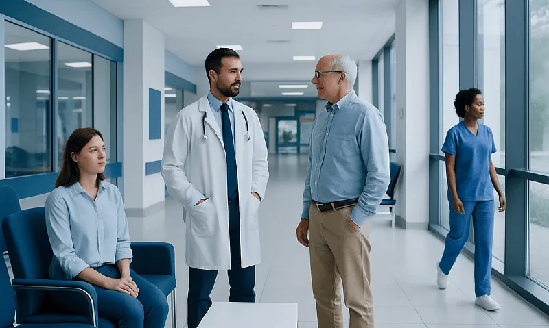 Medical staff and patient in hospital corridor at Acibadem Hospitals Group.