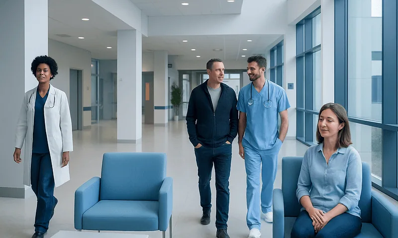 Modern hospital lobby with medical staff and patient in waiting area.