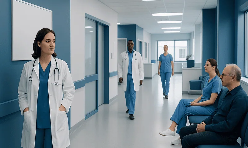Medical team in hospital corridor with patients waiting.