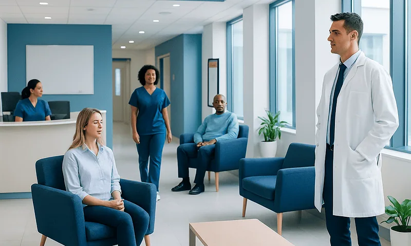Doctor consulting female patient in hospital waiting area.
