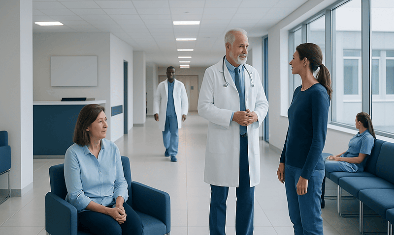 Doctor consulting with a patient in a hospital corridor.