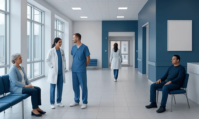 Medical consultation in a modern hospital waiting area with healthcare professionals and patients.