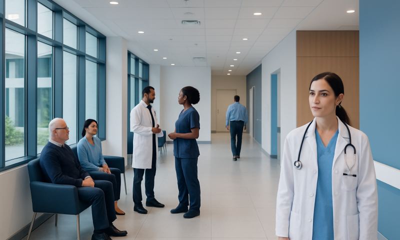 Healthcare professionals and patients in a modern hospital corridor.