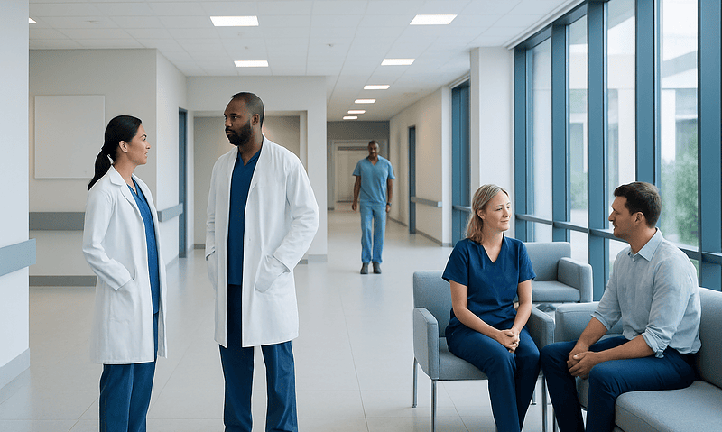 Hospital staff and patients in a modern healthcare facility.