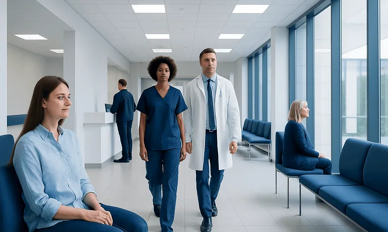 Medical professionals walking in a hospital corridor with patients nearby.