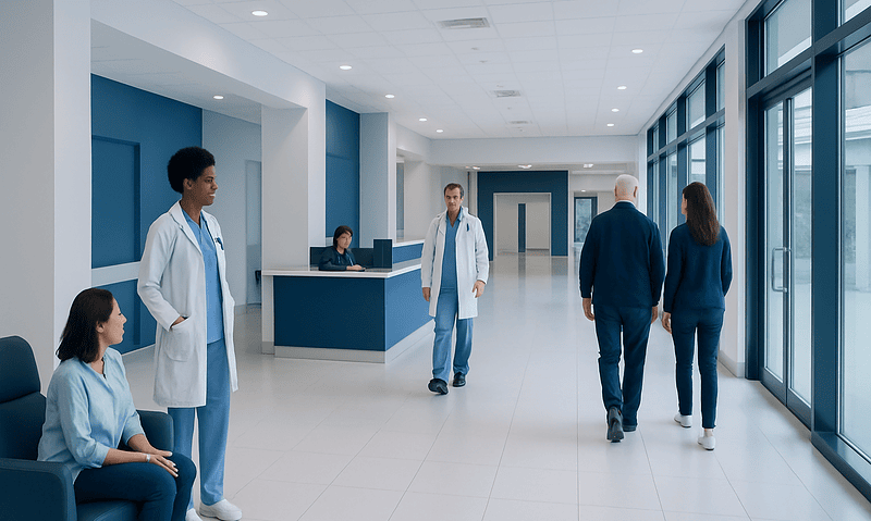 Modern hospital lobby with medical staff and patients.