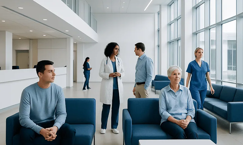 Hospital waiting area with patients and medical staff.