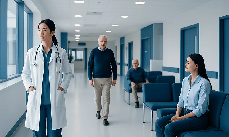 Medical professionals and patients in a hospital corridor at Acibadem Hospitals Group.