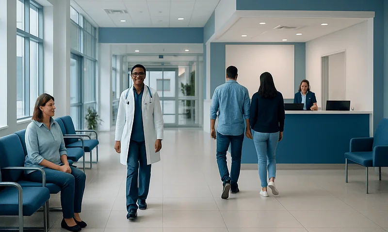 Modern hospital lobby with medical staff and patients.