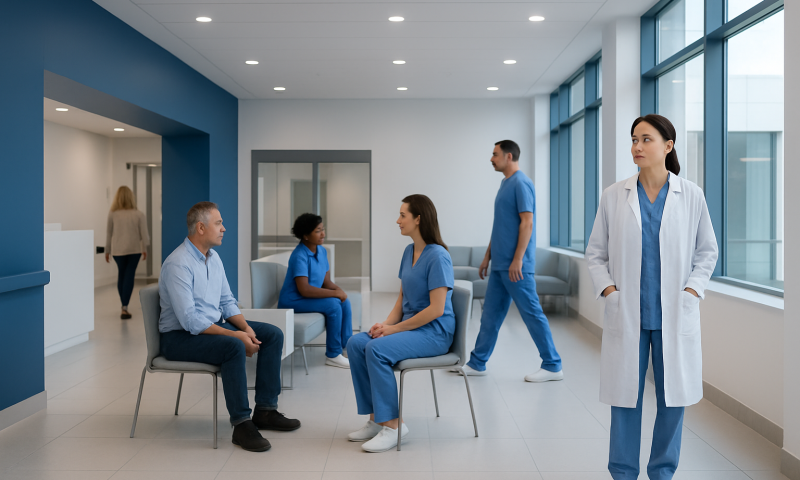 Hospital waiting area with patients and medical staff.