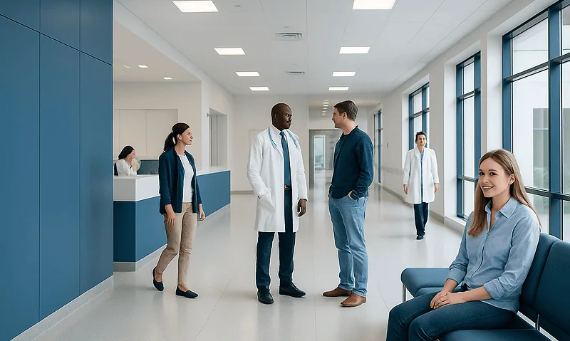 Medical professionals and patients in a modern hospital corridor.