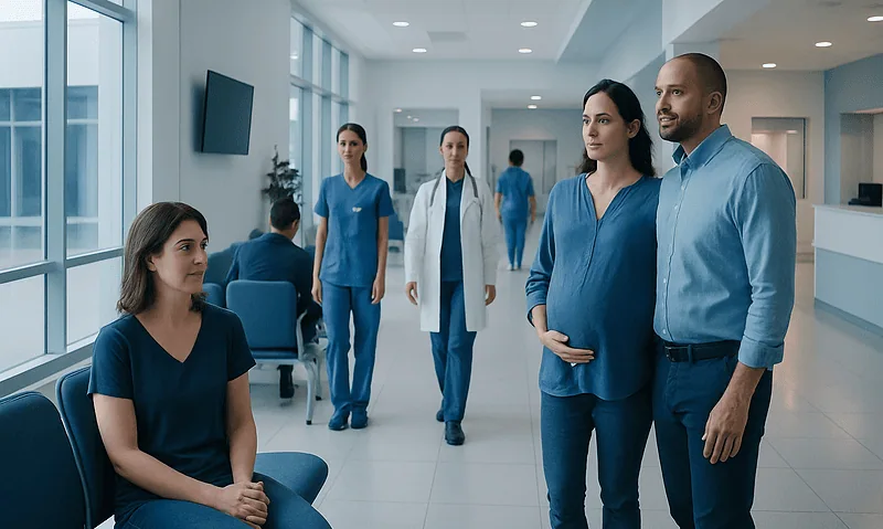 Medical team consulting in a modern hospital corridor.