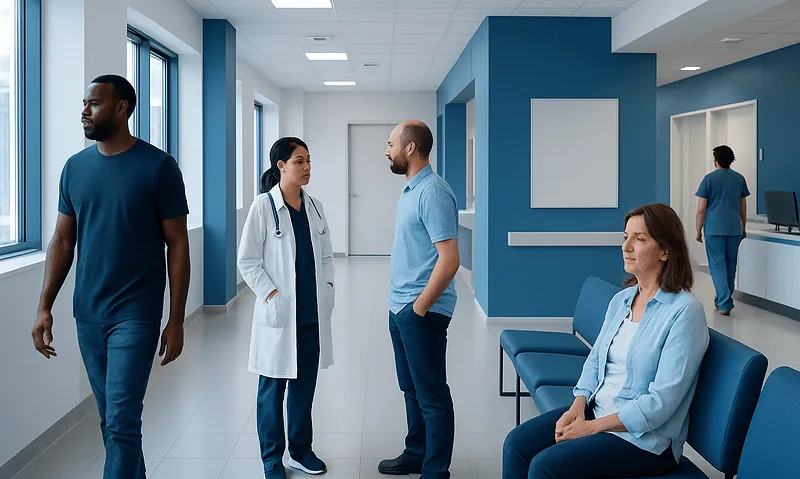 Medical staff and patients in a hospital corridor at Acibadem Hospitals Group.