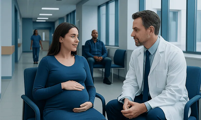 Pregnant woman consulting with a doctor in a hospital corridor.
