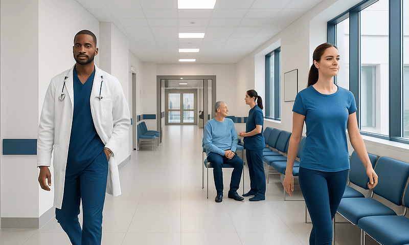 Healthcare professionals and patients in a hospital corridor at Acibadem Hospitals Group.