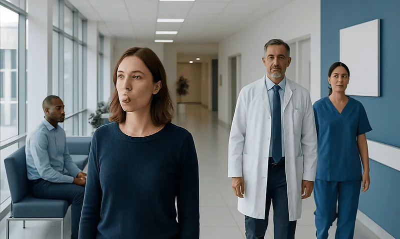 Medical professionals and patient in hospital corridor.