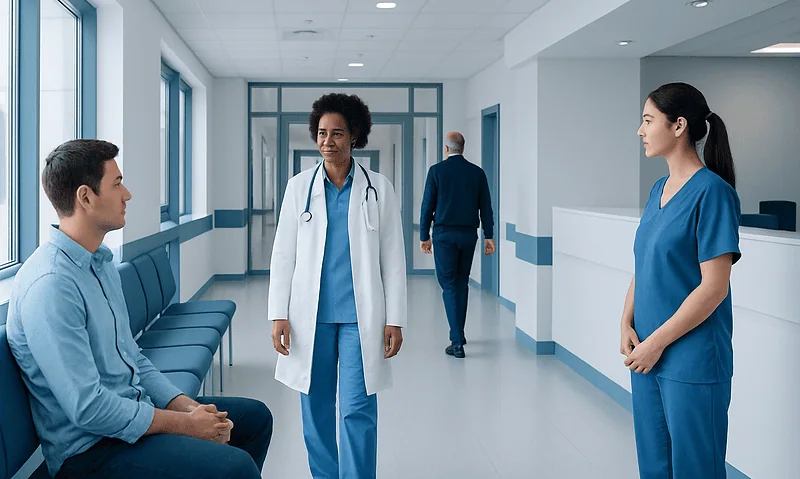 Healthcare professionals and patient in hospital corridor.