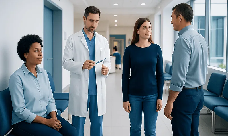 Doctor consulting with patients in a modern hospital corridor.