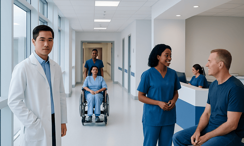Medical professionals and patients in a hospital corridor at Acibadem Hospitals Group.