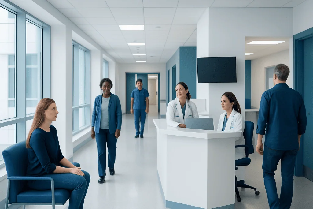 How Often Can You Take Midol? Here Is What the Evidence Says 1 Modern hospital reception area with staff and patient in a bright, clean environment.