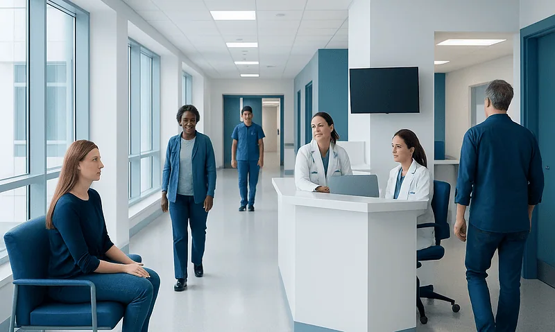 Modern hospital reception area with staff and patient in a bright, clean environment.