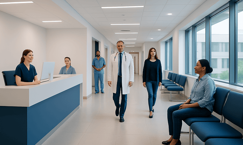 Medical professionals and patient in a modern hospital corridor.