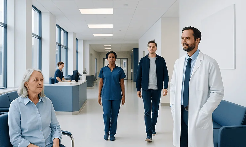 Medical team in hospital corridor with patient and doctors.