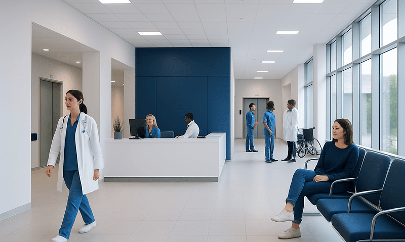 Modern hospital waiting area with medical staff and patient seating.