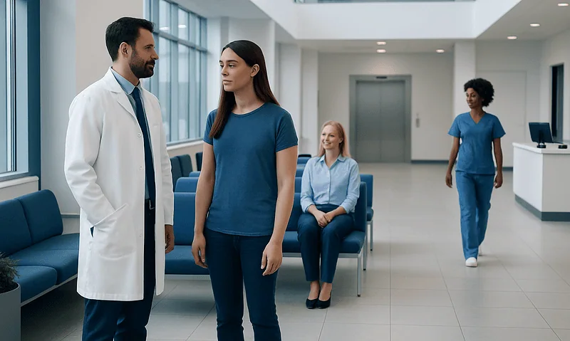 Doctor talking to a female patient in a hospital corridor.