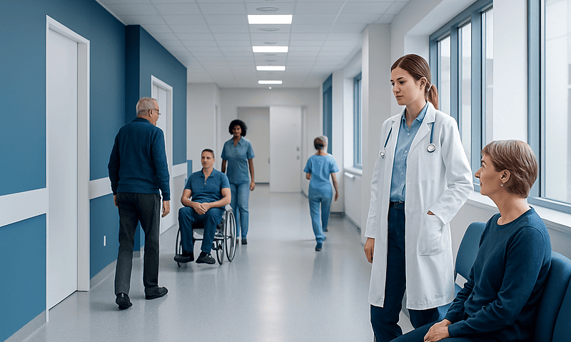 Hospital corridor with medical staff and patients, healthcare environment.