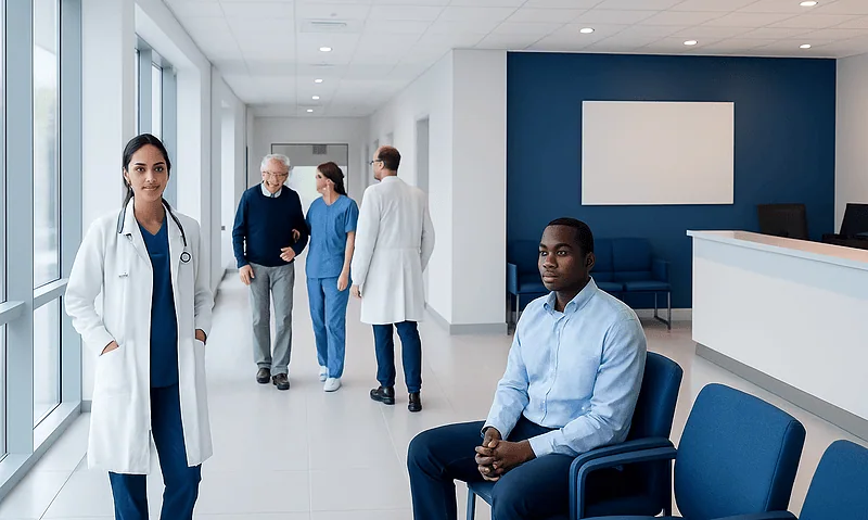 Medical staff and patient in a modern hospital corridor.