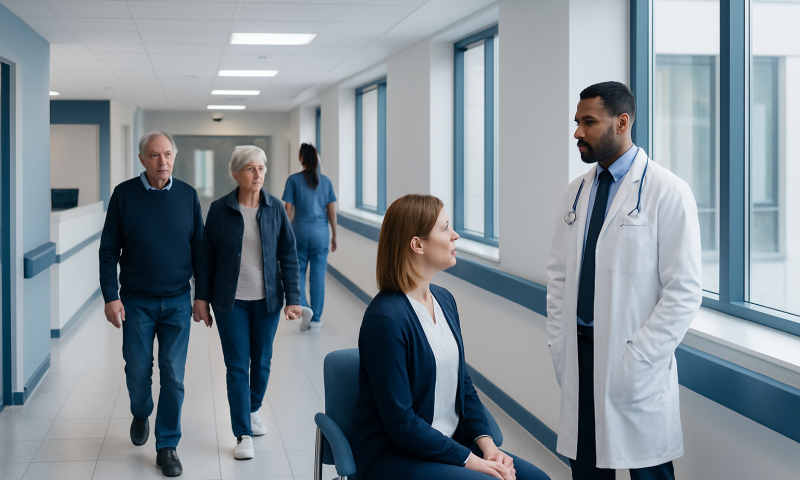 Doctor consulting with a patient in hospital corridor with visitors nearby.