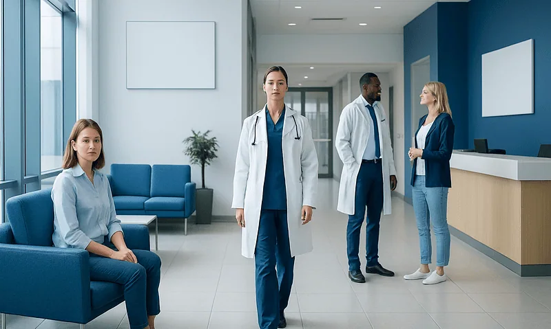 Medical staff and patients in a modern hospital lobby.