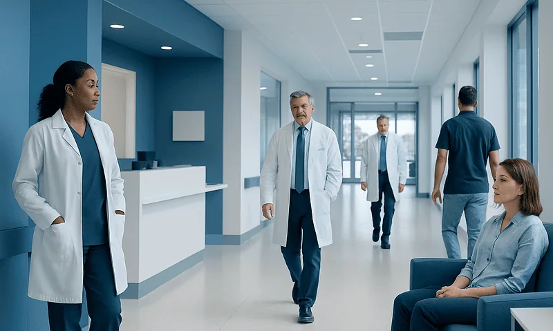 Medical professionals and patients in a modern hospital corridor.
